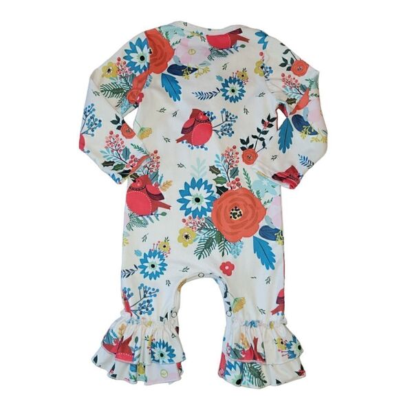 Jets+Jewels Red Bird Cardinal Floral Ruffle Front-Hem Long Onsie Holiday 3M - Picture 3 of 7